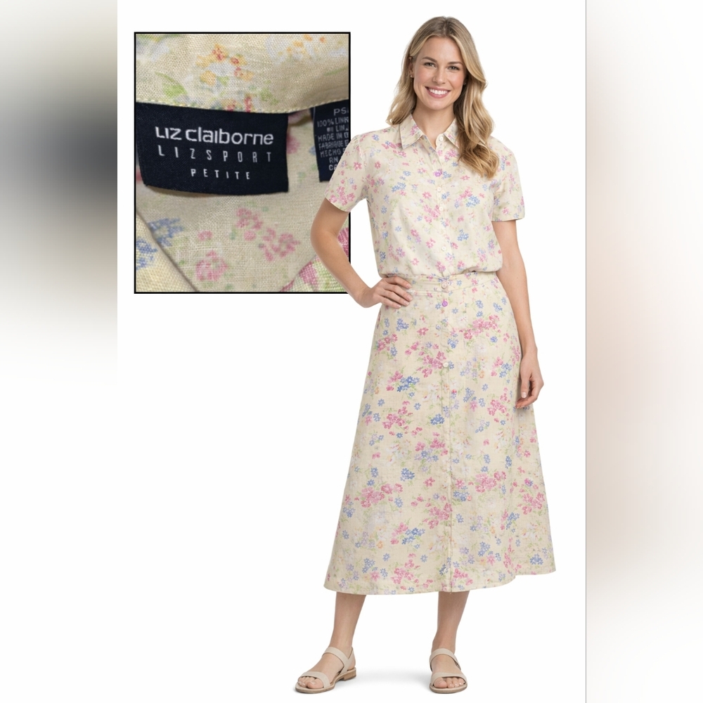 Liz Claiborne Lizsport‎ Petite Yellow Floral Linen Skirt & Top Set PS